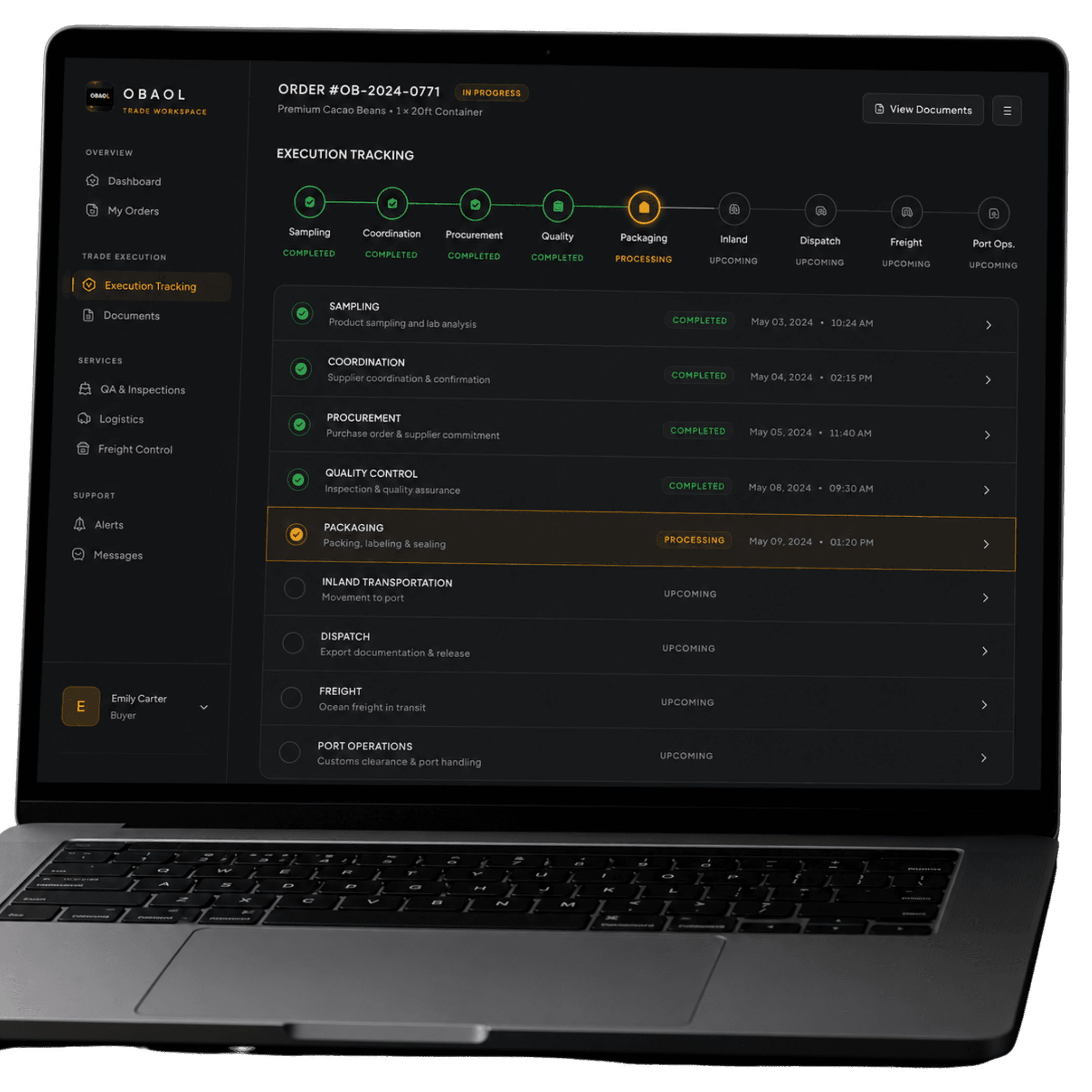 OBAOL laptop workspace showing all agro trade execution stages tracked in one platform.